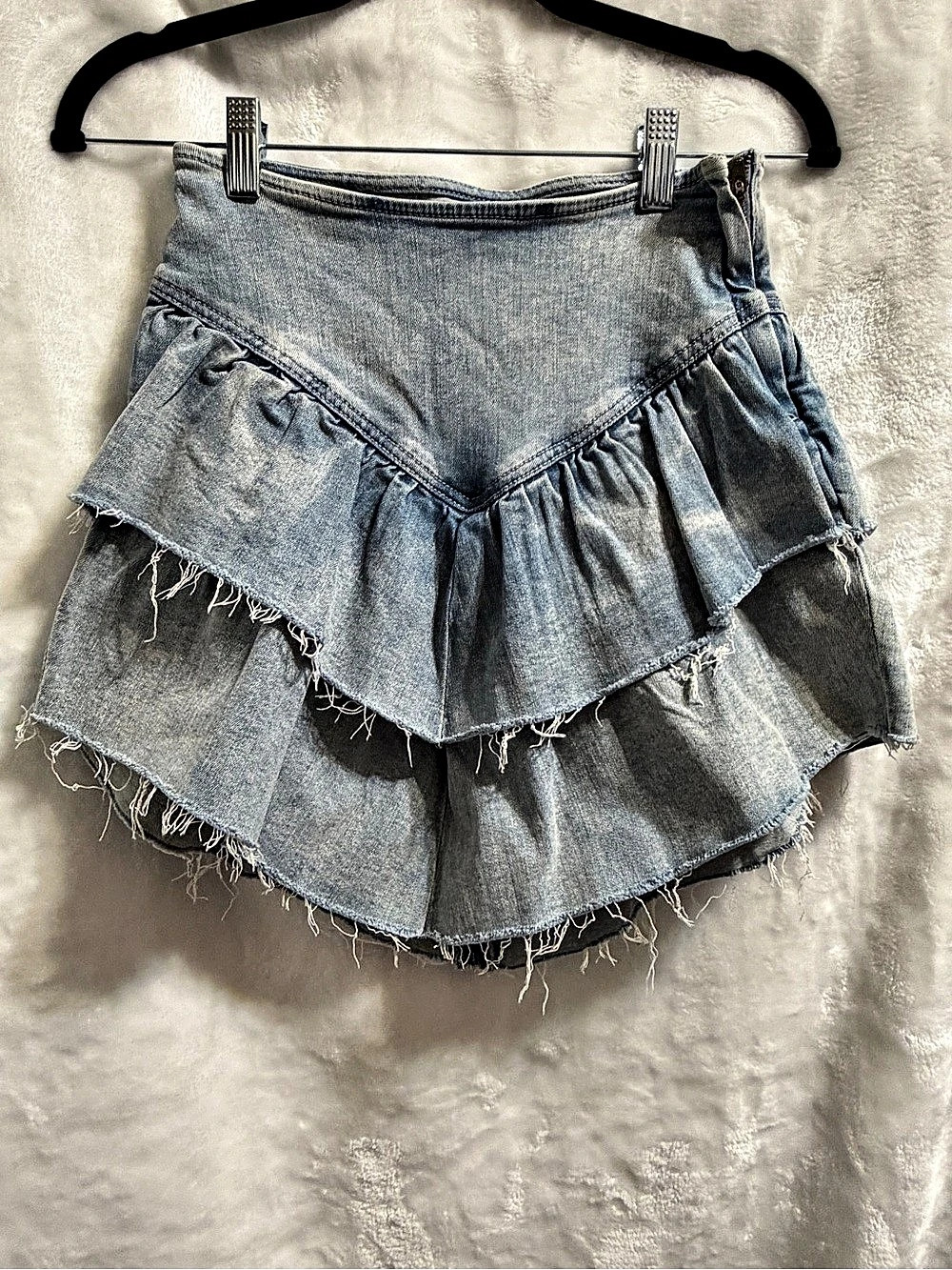 Mother The Mini Raw Edge Skirt Denim Tiered Mini Skirt Waist 24